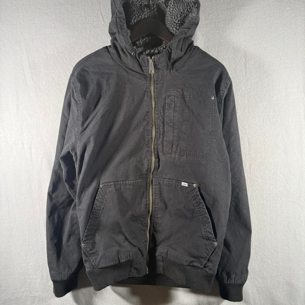 Y2K Lee Black Canvas Workwear Hooded Jacket Sherpa Lined Carhartt Style